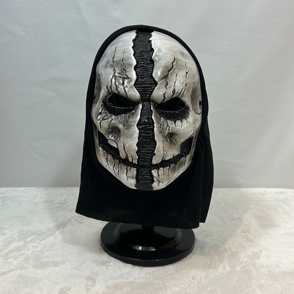 Death Hood Mask With Face Ripped Down The Middle. Black Fabric Back